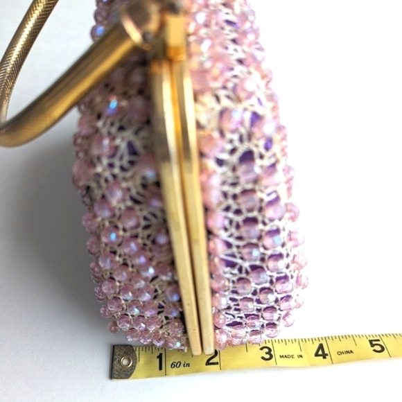 Bead Crochet Top Handle Kiss Lock Frame Bag Pink Purple Gold - Picture 11 of 11